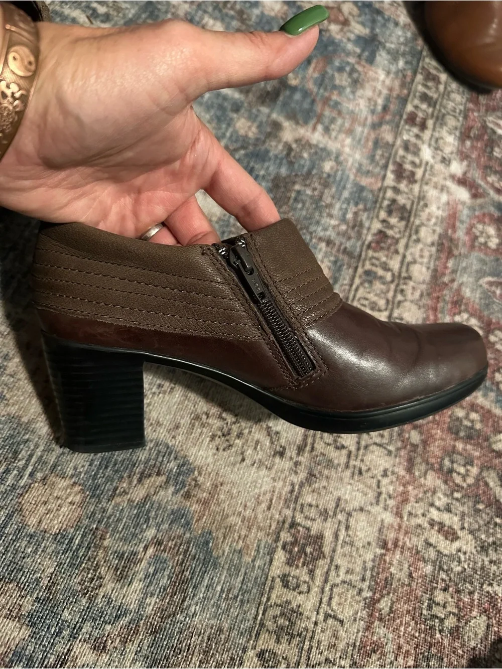 Clarks Brown Leather Ankle Boots Block Heel Side Zip Stitched Detail